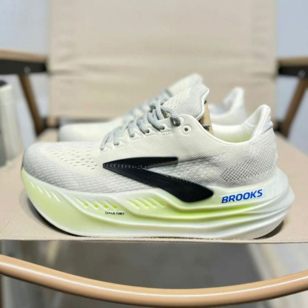 Brooks White Running Shoes with Black Logo and Lime Accents